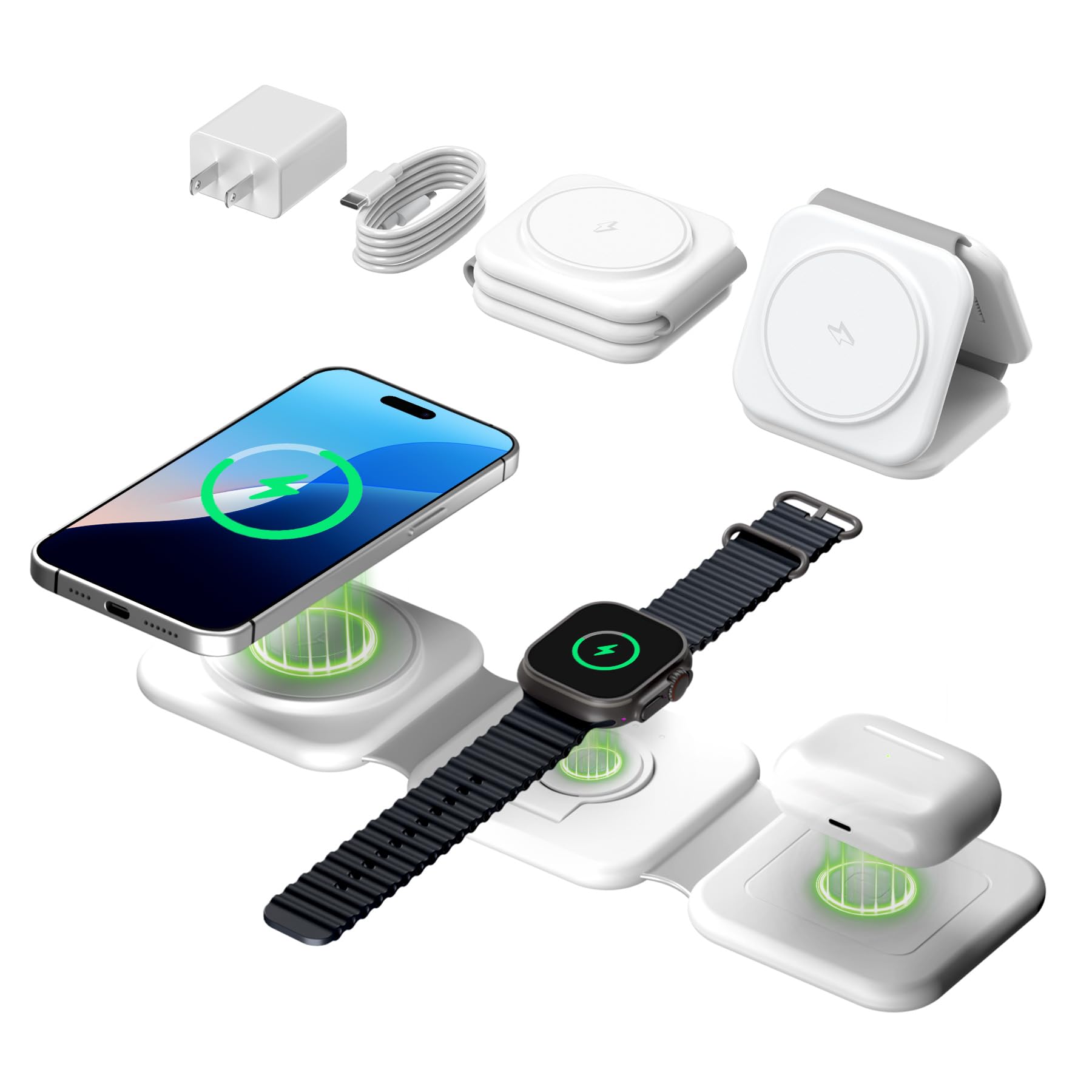 Charging Station for Apple Multiple Devices: 3 in 1 Foldable Travel Magnetic 15W Mag Fast Wireless Charger for iPhone 17 16e 16 15 14 13 12 Pro Max Plus for Apple AirPods 4 3 2 Pro&Watch Series, White