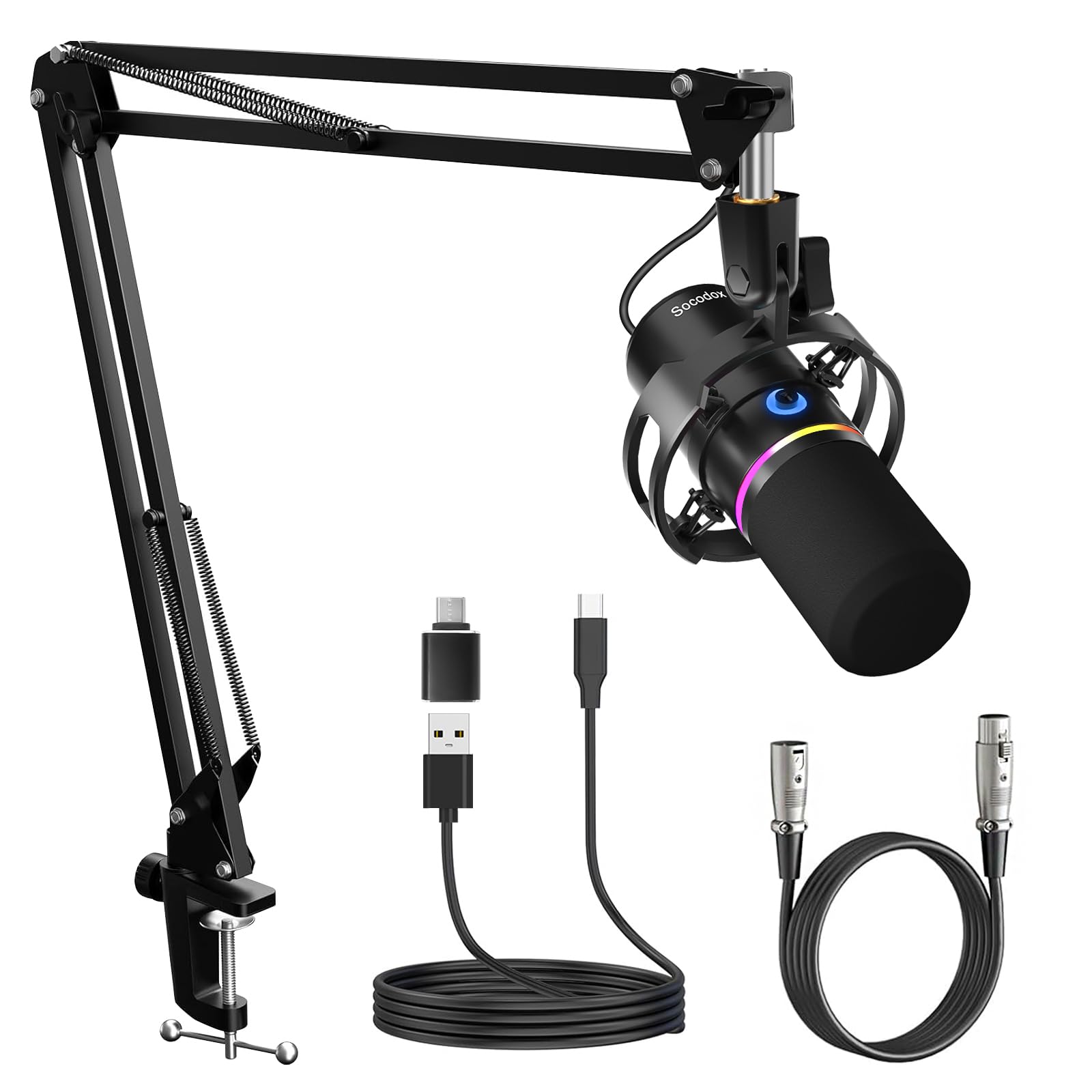 socodox XLR/USB Dynamic Microphone Kit, Podcast Microphone with Noise Cancellation, Independent Volume Control PC Gaming Microphone with Boom Arm