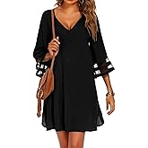 Ekouaer Women's Swimsuit Cover Up 3/4 Bell Sleeve Beachwear Coverups Deep V-Neck Bikini Beach Dress S-3XL