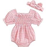 ZAXARRA Infant Baby Girl Plaid Romper Baby Pleated Romper Ruffle Festival Bodysuit Spring Summer Clothes with Headband
