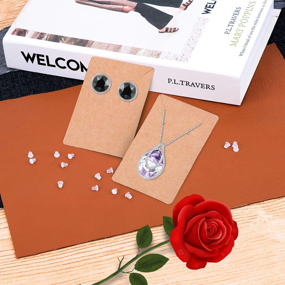 Anezus 100 Pcs Earring Display Cards with 200 Earring Backs and 100 Self-Sealing Bags for Earrings, Necklace & Jewelry Display, Kraft Color 3.5x2.4 Inches