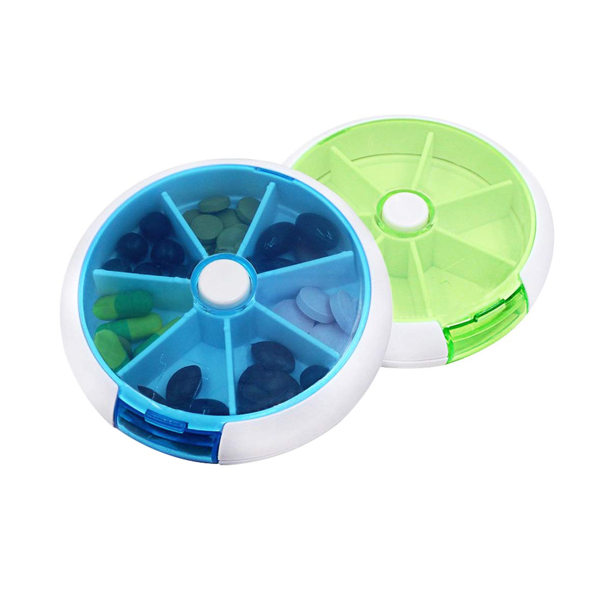 2pcs Pill Box, BetterJonny Portable Automatic Rotary Round 7 Days Pill Cases Tray Medicine Box Holder Green and Blue