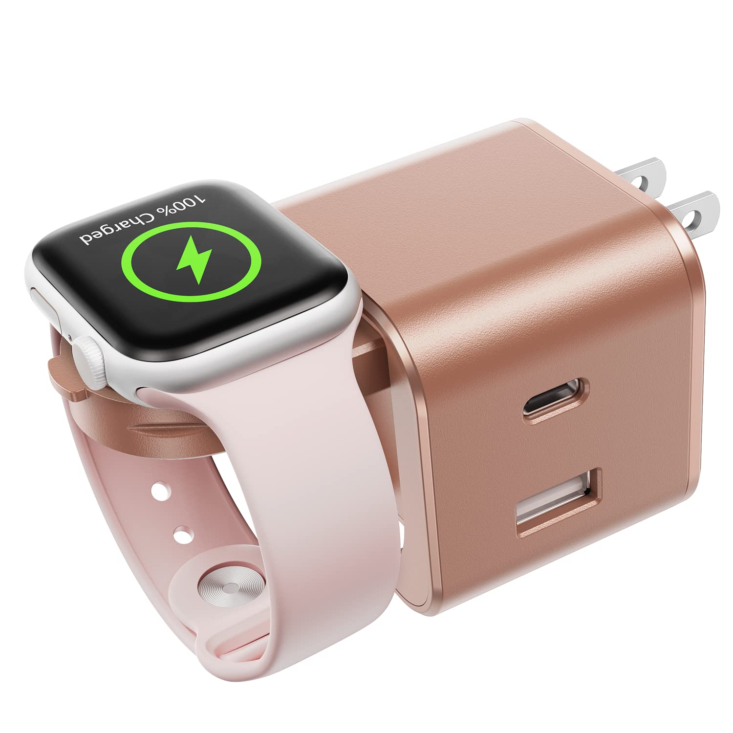 Photo 1 of BeaSaf 36W for Apple Charging Block with Built-in Watch Charger, Foldable PD Fast Charger Block for iPhone, Dual Ports Wall Charger Compatible with Apple Watch iPhone AirPods(Rose Gold)