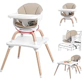 Komcot High Chair, 7 in 1 Wooden Baby High Chair with 360&deg; Rotating Seat | Convertible High Chairs for Babies and Toddlers, Kids Learning Table, Building Block Table, 5-Point Safety Harness, Khaki