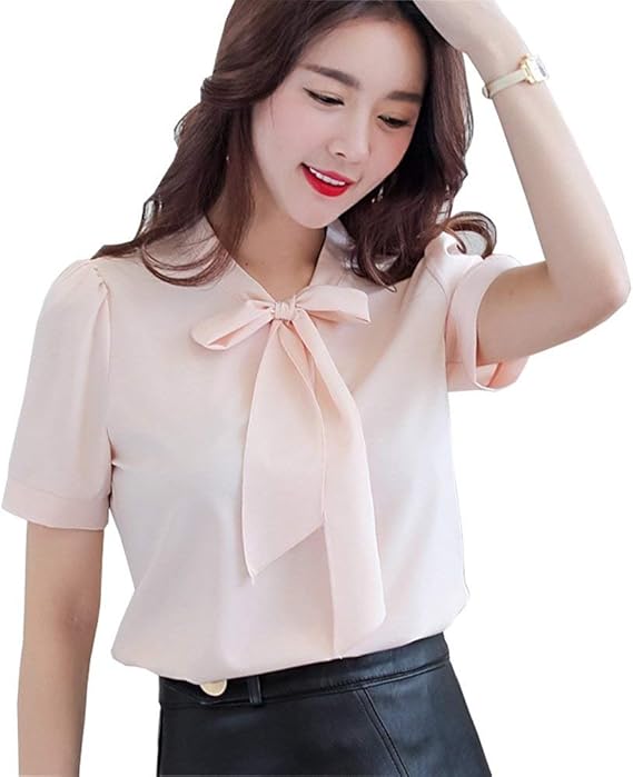 Amazon シャツ レディース 半袖 夏 ブラウス シフォン リボン付き フレア 涼しい 無地 シンプル カジュアル フォーマル 通勤 デイリー おしゃれ シャツ ブラウス 通販