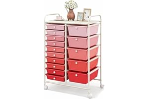 KOTEK 15-Drawer Rolling Storage Cart, Multipurpose Mobile Utility Cart with 4 Wheels, Home Office School Tools Scrapbook Paper Organizer (Pink)