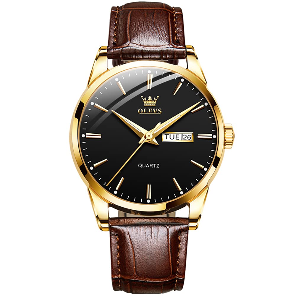 OLEVS Mens Watches Leather Wristwatch with Waterproof Luminous Analog Quartz Fashion Business Sport Watches for Men, Brown band black dial gold case, Quartz Watches