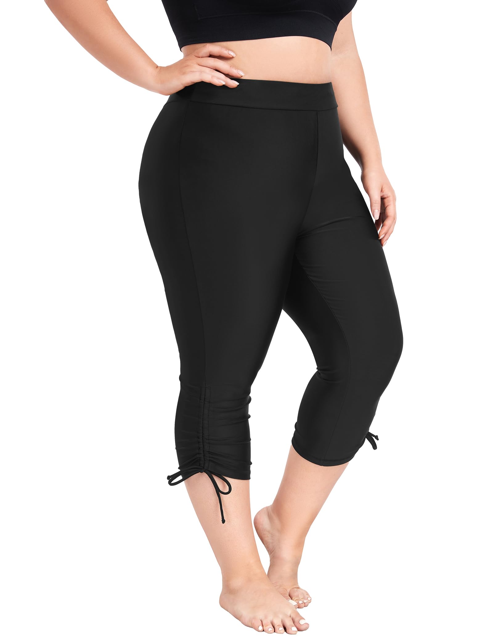Photo 1 of FOREYOND Plus Size Swim Capris Pants for Women High Waisted Swimming Leggings Quick Dry Tankini Bottoms Swimwear Shorts, Black with Drawstrings, 5XL
