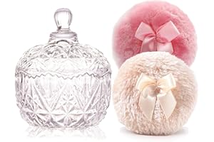 YILUSHENGHUA Luxury 4 Inch Glass Loose Powder Container with 2 Soft 3.5" Puffs｜Non-Sealed Refillable Organizer Storage for Body Powder Makeup & Jewelry & Setting Applicator(Crown-Clear)