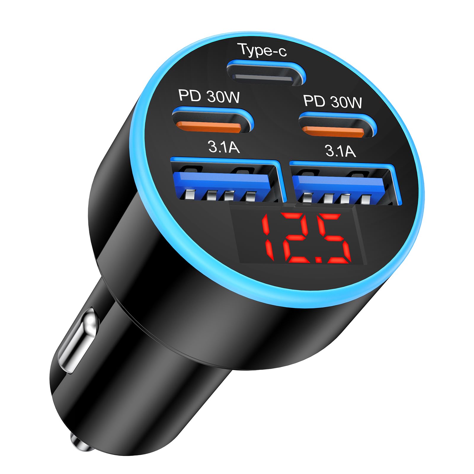 Car Charger USB C, 5-Port 90W Super Fast Car Phone Charger, Dual PD 30W & QC Type C Car Charger, Cigarette Lighter Adapter with Voltage Display for iPhone 17/16/15 Pro Max, iPad,Galaxy S25 S24,Pixel