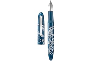 HONG DIAN Hongdian N23 Blue Rabbit Fountain Pen, Long Blade Medium Nib Silver Trim, New Year Lucky Rabbit Carving Design, Smooth Writing Pen with Converter and Metal Pen Box Set