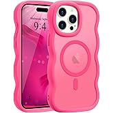 Pepmune for iPhone 15 Pro Max Case, Curly Wavy Frame Hard Translucent Matte Clear Back Cover for Women Men Compatible with Magsafe Shockproof TPU Bumper Phone Case for iPhone 15 Pro Max, Hot Pink