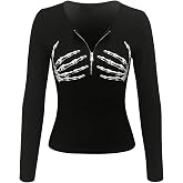 WDIRARA Women's Goth Skeleton Graphic Tee Shirt Zipper Long Sleeve Tops | Slim Fit, Punk, Grunge Emo Shirts