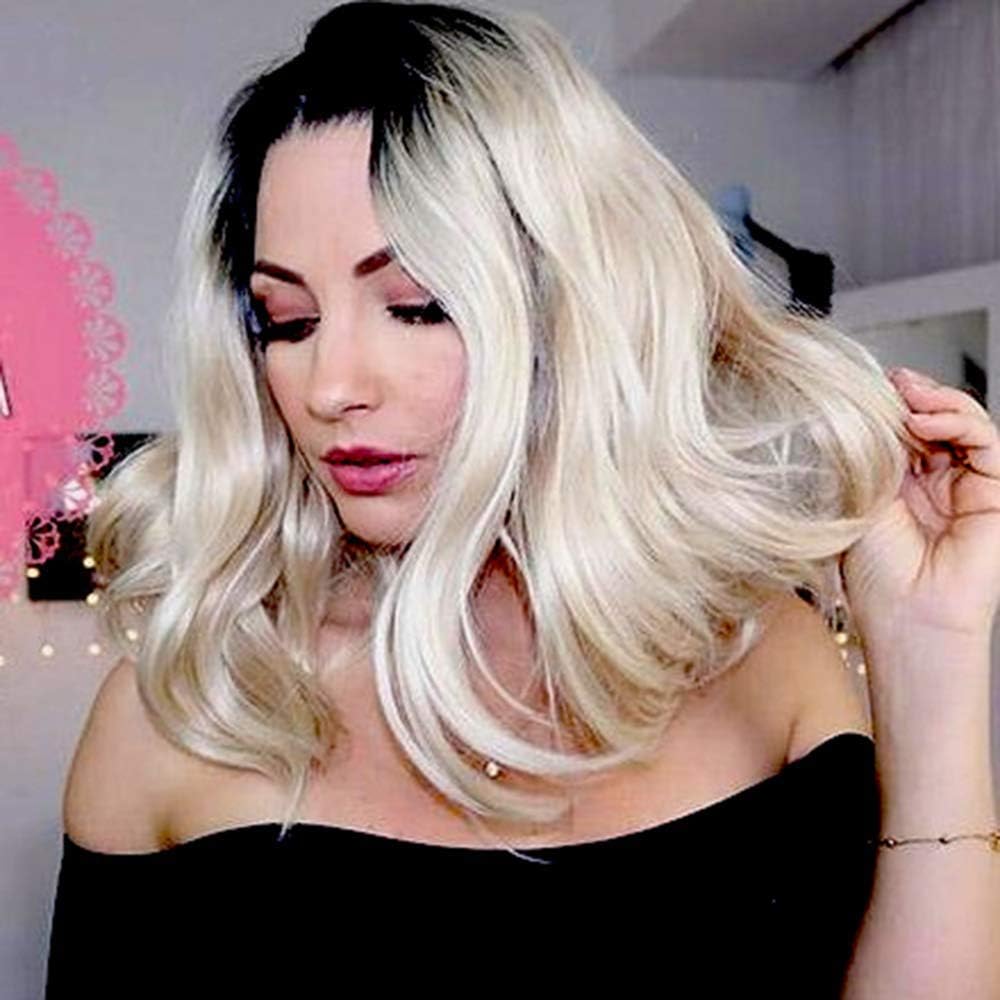 Lanting 150% Density Ombre Blonde Bob Wave Lace Front Wigs for Women Ash Blonde Short Wavy Wig with Dark Roots Glueless Synthetic Fiber Hair Wig 12Inch
