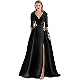 GARDOM Satin Mother of The Bride Dresses for Women Long Sleeve Prom Dress Appliques Formal Evening Gown with Pockets