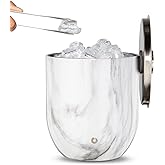 Snowfox Premium Vacuum Insulated Stainless Steel Ice Bucket with Lid/Tongs, Non-Rubber Bottom, Home Bar Accessories, Bartending Ice Buckets for Parties, Outdoor Entertaining Supplies, 3L, Marble