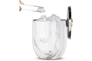 SNOWFOX Premium Vacuum Insulated Stainless Steel Ice Bucket with Lid/Tongs, Home Bar Accessories, Elegant Bartending Ice Buckets for Parties, Beautiful Outdoor Entertaining Supplies, 3L, Marble