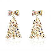 Christmas Tree Earrings for Women Gold Plated Sparkly Crystal Dainty Bow Earrings Hypoallergenic Green Xmas Holiday Winter Star Drop Dangle Colorful Xmas Festival Holiday Jewelry