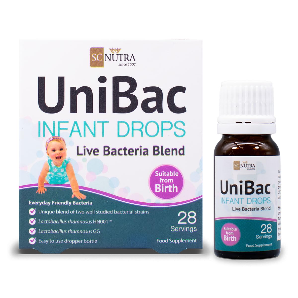 Unified Bacteria: UniBac Newborn / Baby / Infant Probiotics 0-3 years | Lactobacillus rhamnosus GG & HN001™ | 1.5Bn CFU Probiotic Drops - 28 Servings