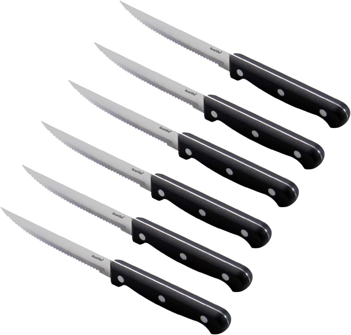 dearithe Steak Knives Set of 6, Black Full-Tang Triple Rivet Serrated Stainless Steel Sharp Blade Flatware Steak Knife Set, 4.5 Inches, For Tableware Kitchen Camping Restaurant, Dishwasher Safe: Kitchen & Dining