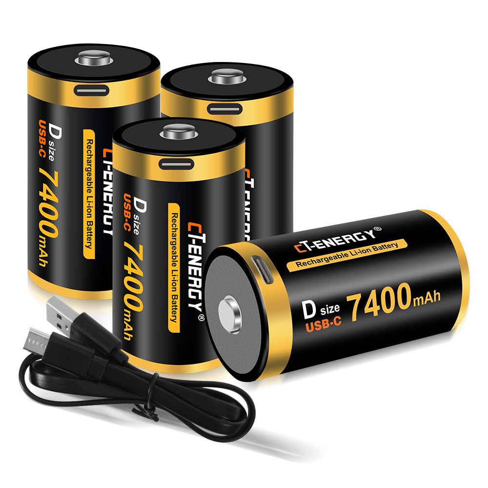 Rechargeable D Batteries 1.5V Lithium D Cell 9000mWh High Capacity with USB-C Fast Charging Long-Lasting Performance 4 Packs