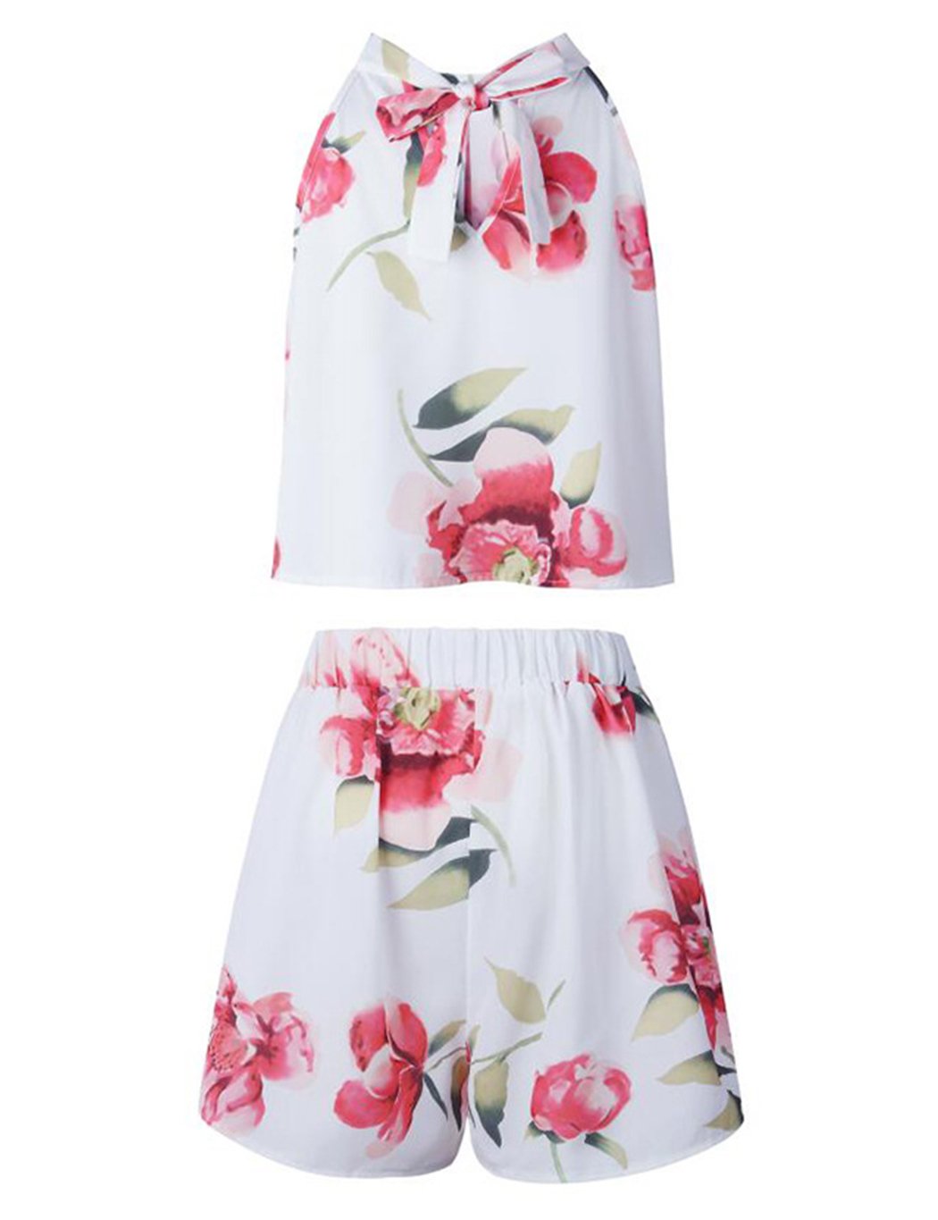 Women\'s Floral Printed Summer Dress Romper Boho Playsuit Jumpsuits Beach 2 Piece Outfits Top with Shorts White