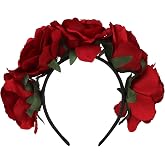 CAVETEE Red Flower Headband for Wkomen & Girls, Rose Flower Crown Rose Hair Wreath with Headband for Women