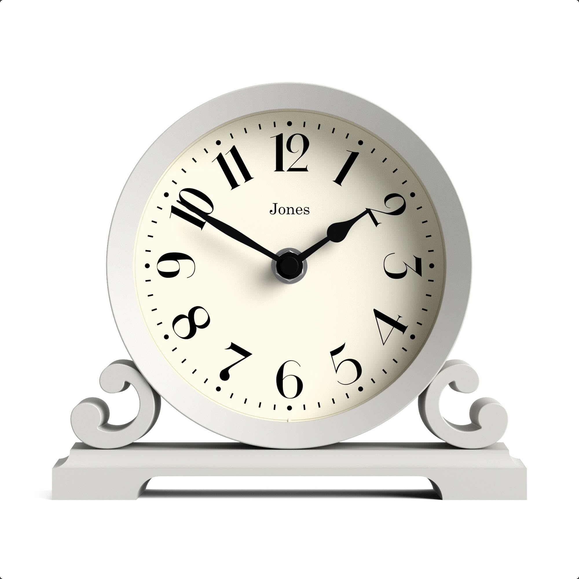 Jones Clocks® Saloon mantel clock | Small traditional double scroll design | Grey | Contemporary classic style for desk, table, shelf or bedside