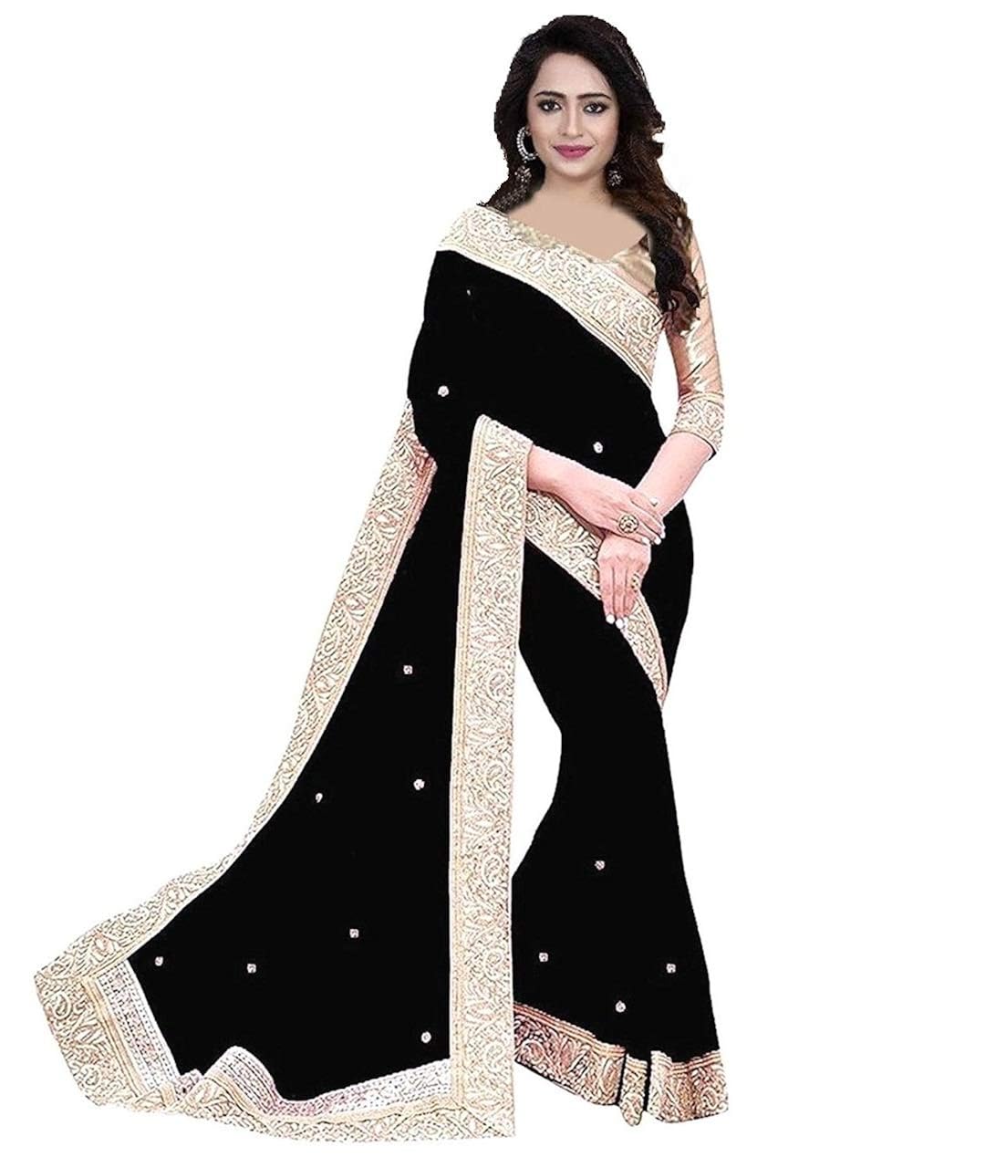 effigy onlinehub women's chiffon saree with blouse piece (peach zecardpatta)