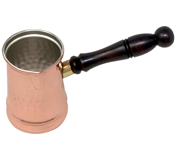 ShalinIndia Copper Mug with Hammered and Long Wooden Handle Turkish Pot for Warming Water Coffee Tea , 500 ml