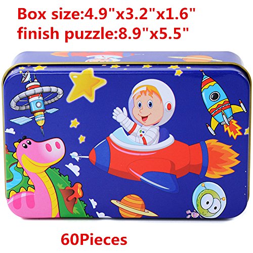 Elloapic 60 piece Jigsaw Puzzle Wooden Hard Paper Cartoon DIY 3D Puzzle Toys Brain Teaser Educational Brain Train Toy Creative Handmade Play Set For Children, All in a metal box, Spacecraft, spaceship - Thumbnail 4