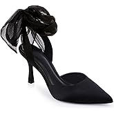 Womens Lace up Satin Heels Bow Pointed Closed Toe Bridal Dress Shoes Low Heel Wedding Elegant Pumps