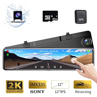 Karsuite M9 12" Mirror Dash Cam 2560x1440P Backup Camera with GPS Touch Screen Front and Rear View Dual Lens Full HD WDR Night Vision, G-Sensor (Free 32GB SD Card Included) for Cars/Trucks