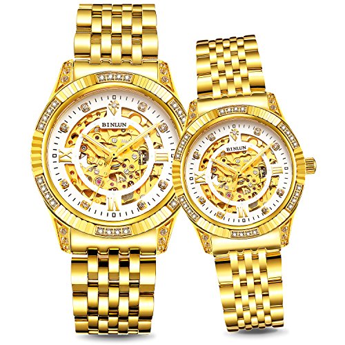 BINLUN His and Hers 18K Gold Ion-Plated Stainless Steel Couple Dress Watch 50 Meter Waterproof Lover Gift