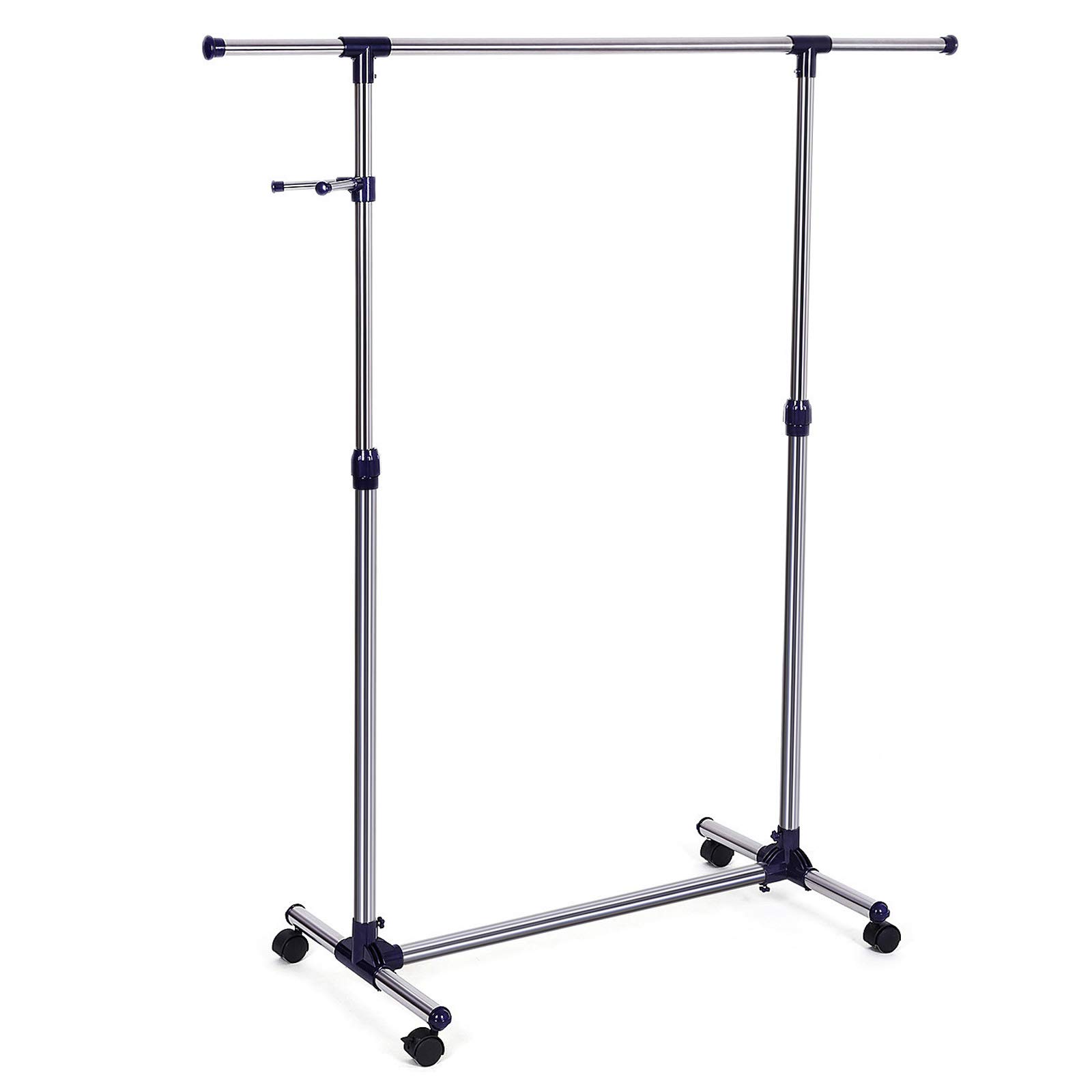 SONGMICS Clothes Rack with Castors, Garment Rack, Adjustable Height Between 97-165 cm, Clothes Rail with Extendable Bar, Side Hooks for Accessories and Bags, Silver and Blue LLR01L