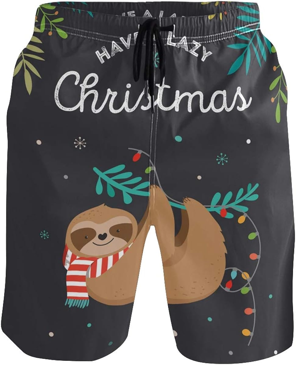 Auskid Sloth Merry Christmas Mens Swim Trunks Quick Dry Board Shorts