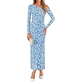 ZESICA Women's Spring Floral Off Shoulder Bodycon Maxi Dresses 2026 Long Sleeve Ruched Elegant Cocktail Party Dress