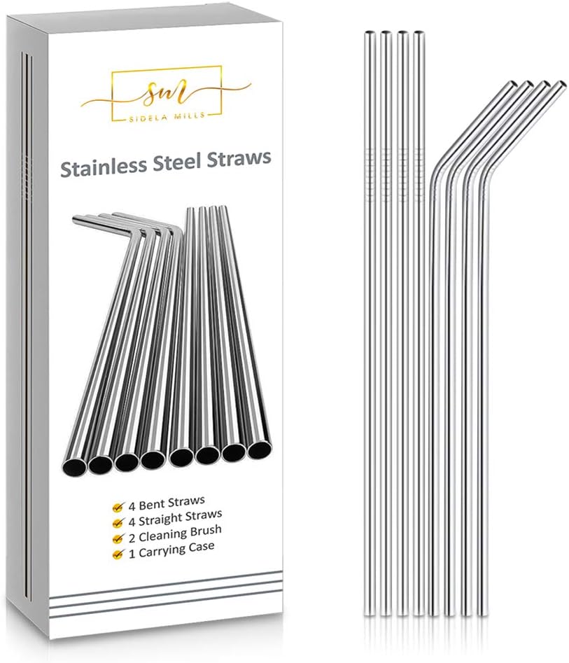SIDELA MILLS Stainless Steel Straws 8 Set Eco friendly Reusable Metal Drinking Straws with 2 Cleaning Brushes & Carrying Pouch. Great for Smoothies| Milkshake |Cocktail & Juices.