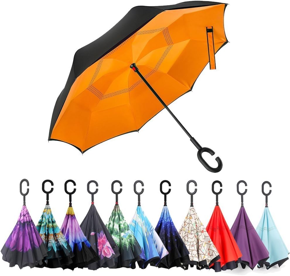 Hemoo Double Layer Inverted Umbrella Reverse Umbrella 42.5'' Canopy Windproof With Hand Free C-Shaped Handle (Orange)