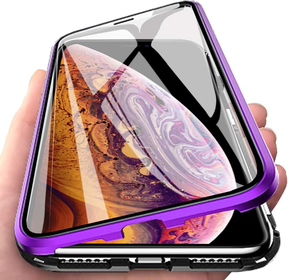Eabuy iPhone XS Max Case, 360° Full Body Transparent Tempered Glass with Magnetic Adsorption Metal Bumper Case Cover for iPhone XS Max Purple Black