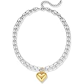MYCUTEY Two Toned Heart Necklace For Women Silver Chain Necklace With A Puffy Heart Pendant