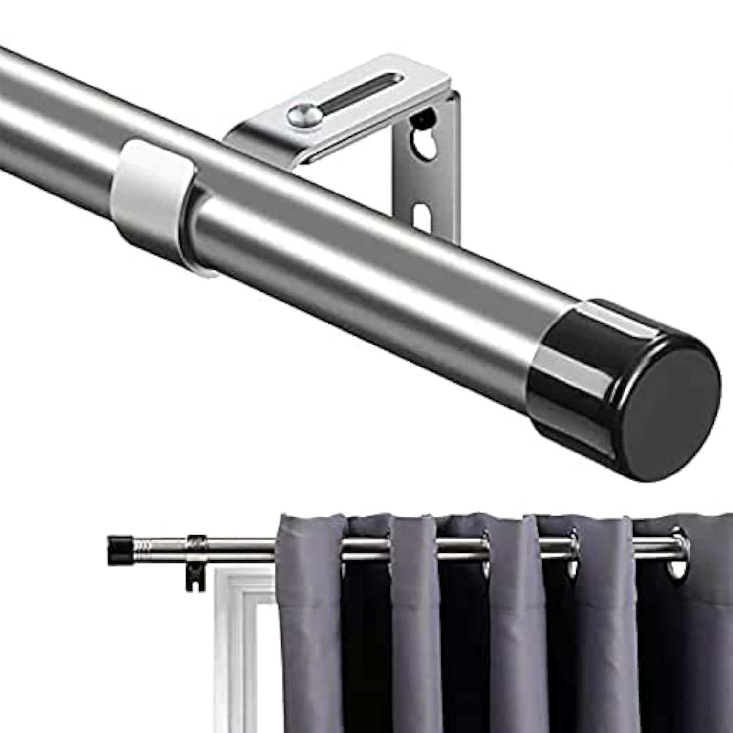 Curtain Pole, 76-450 cm Curtain Rod for Windows with Round Finial, Single with Stainless Steel Finials, Curtain Rod, Adjustable Decorative Windows for Kitchen, Bedroom, Window/Silver