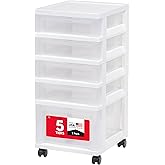 IRIS USA Plastic Drawer Storage Organizer Rolling Cart, with Wheels Casters, 5-Drawers, for Classroom Art Craft Supplies Dresser Closet Bathroom Laundry Room, Flat Smooth Top, White/Clear