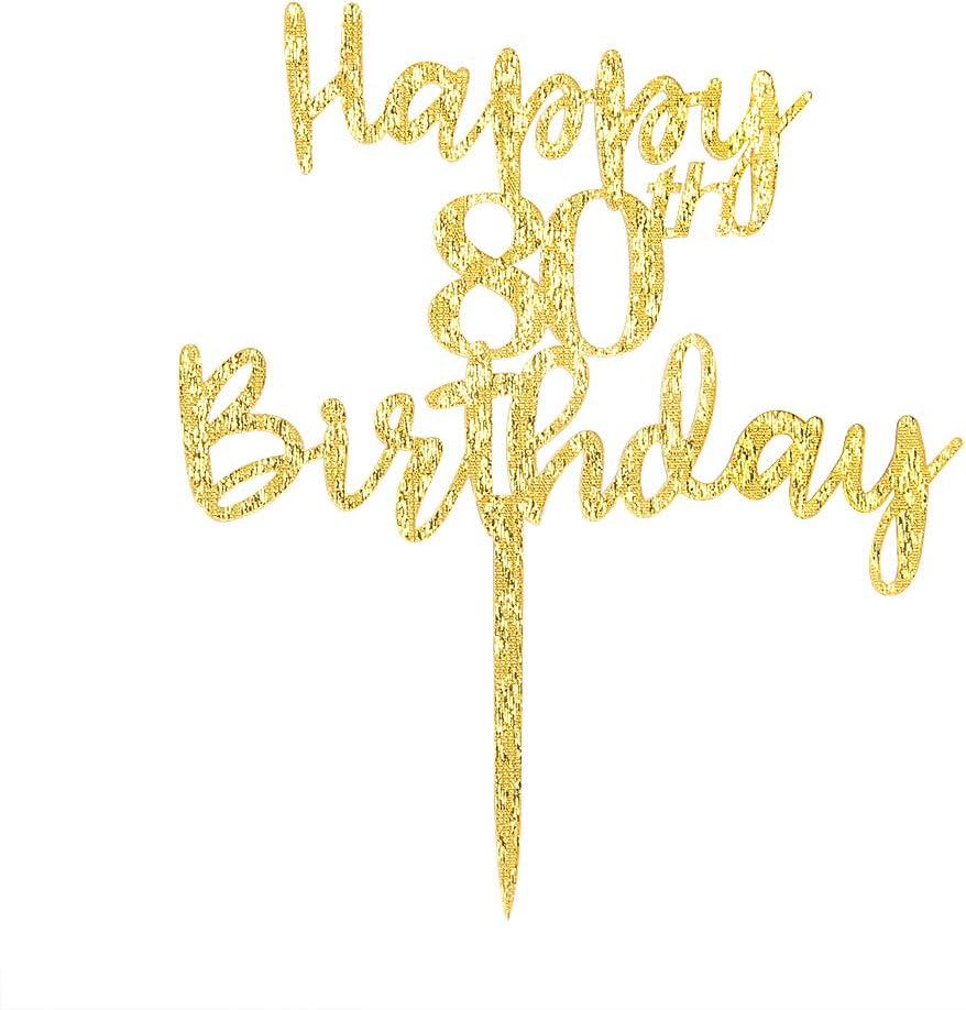 Happy 80th Birthday Cake Topper - Gold 80th Birthday Party Supplies - Anniversary Happy Birthday Retirement Decoration Supplies