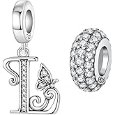 PANPOKI 2 Pack 925 Sterling Silver Butterfly Letter Charms for Bracelets and Necklace Alphabet Initial Dangle Pendants Round Spacer Beads Pave Cubic Zirconia Jewelry Gift for Women
