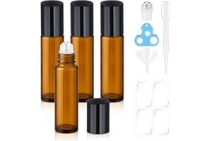 bofessor 10ml Roller Bottles for Essential Oils(4-Pack), Leak-Proof Amber Glass Roller Ball Applicator, Opener, Droppers, Funnel & Labels, Roll on Bottles for Perfume & DIY Skincare