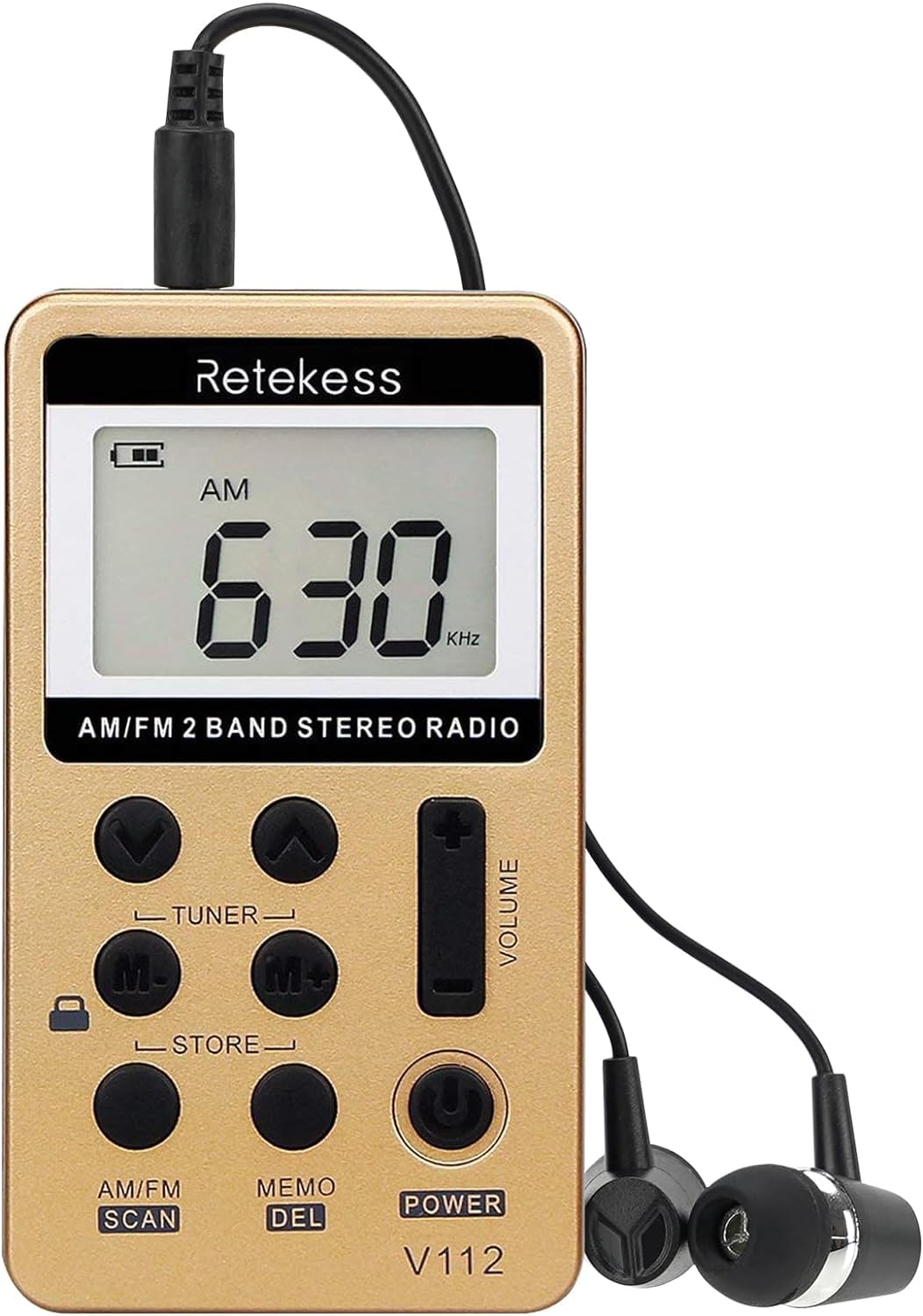 Retekess V112 Pocket Radio Headphones,Small Radio Portable,Rechargeable Battery,Sleep Timer, LCD,Lock Switch, Outdoor,Camping,Sports,Fishing(Gold)