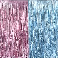 Metallic Tinsel Foil Fringe Curtains 3.2 ft x 6.6 ft Baby Shower Gender Reveals Party Decoration Party Photo Backdrop (Pink/Blue)