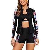SHEKINI Women's 3 Piece Rash Guard Long Sleeve Swimsuits Removable Pads Zip Up Swim Shirts with Boyshorts