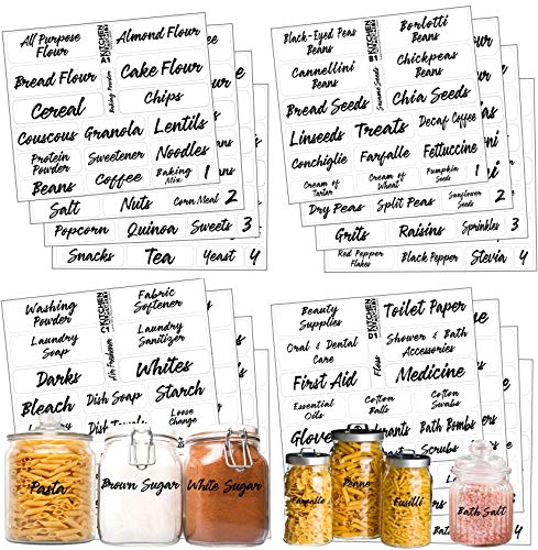 Pantry Bathroom Beauty Laundry Room Labels: 306 Classy Clear Preprinted Water Resistant Complete Label Set to Organize Storage Containers, Jars, Canisters, Laundry & Closet w/Extra Write-on Stickers